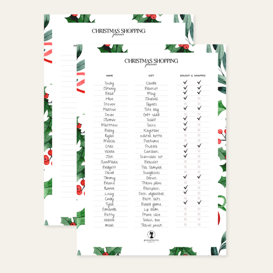One blank and one filled out Christmas shopping list printable with holly border on a light beige background.