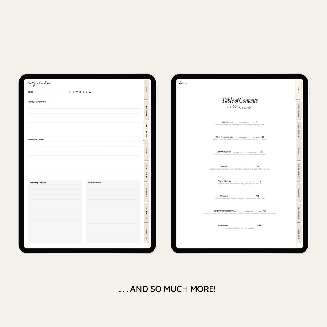 Two iPads displaying the Daily Check-In page and Table of Contents.