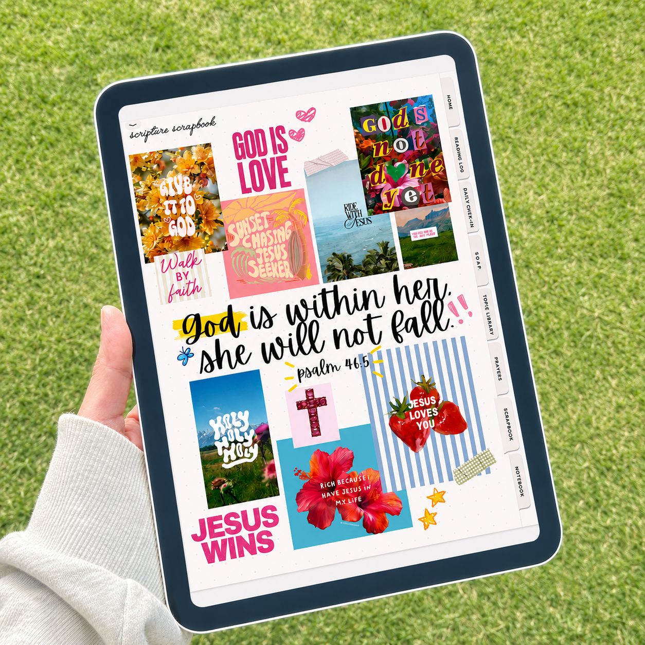 Digital scripture scrapbook page with a verse and aesthetic photos on iPad, held by a hand with a grass background.