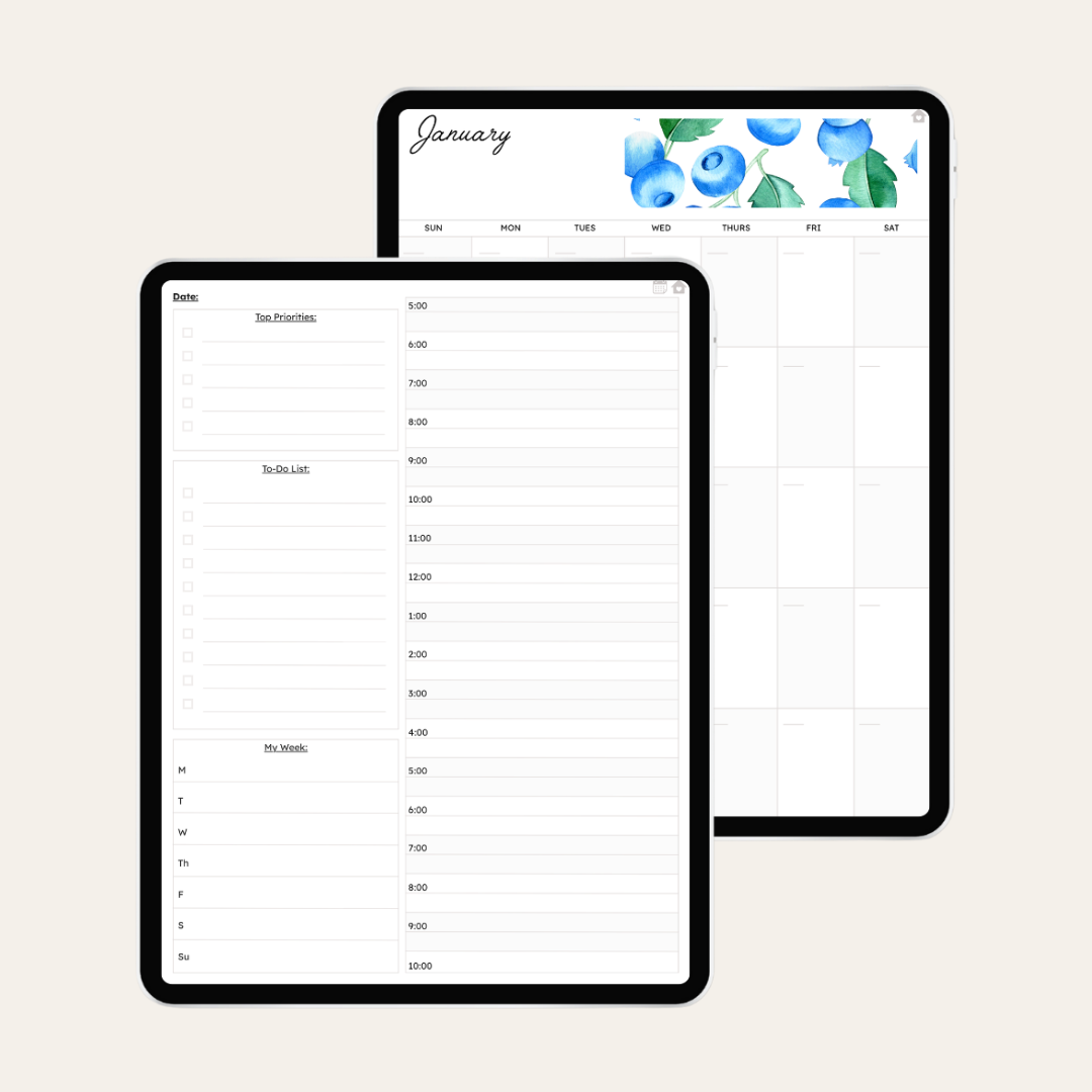 'Daily Undated Planner' displayed on a tablet showing a blank monthly page spread and daily page spread.