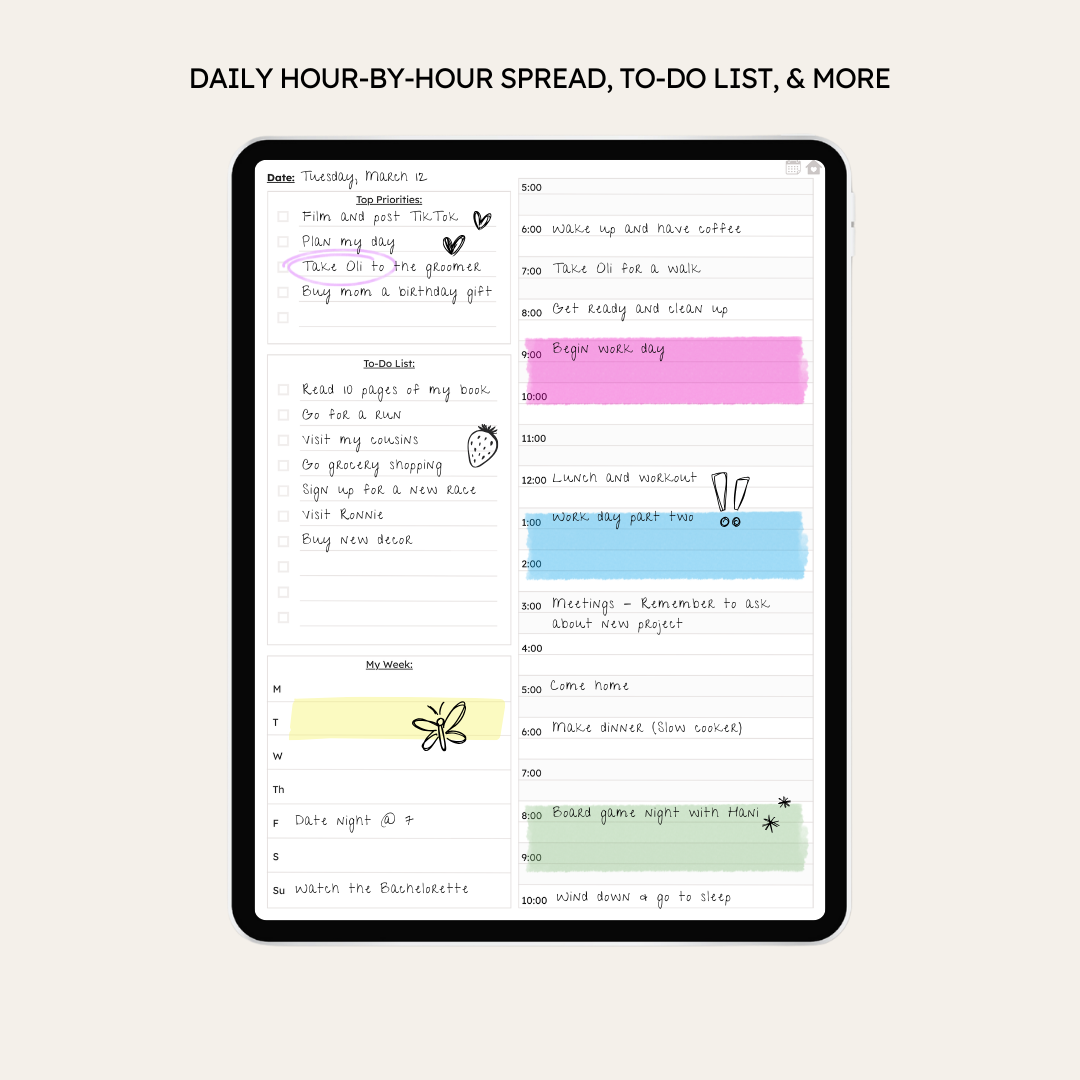 Mockup of a the daily page featuring the following sections: Top priorities, To-Do list, My Week, and hourly planning.