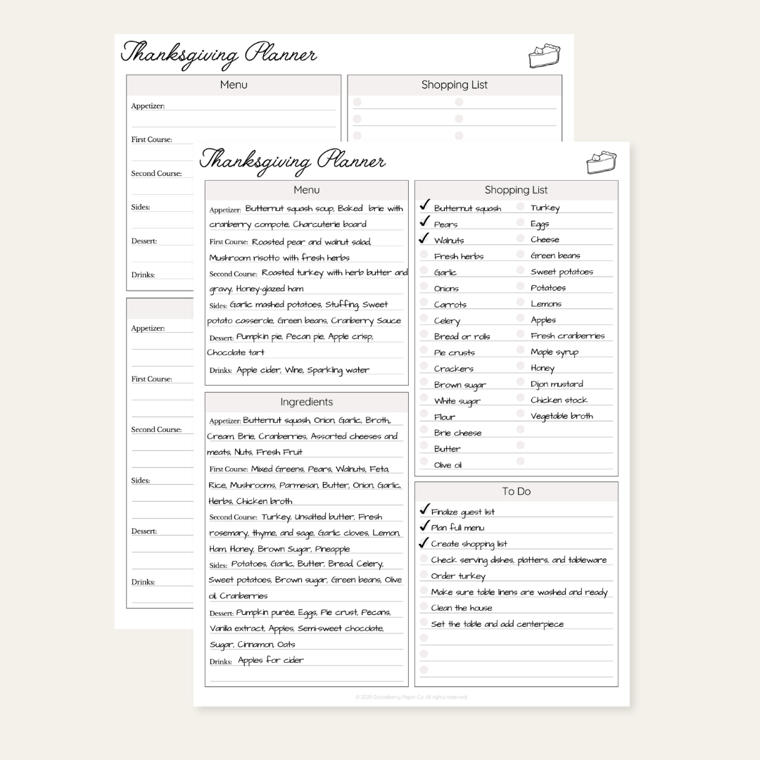 Thanksgiving planner with sections for menu, shopping list, ingredients, and to-do list on a light beige background.