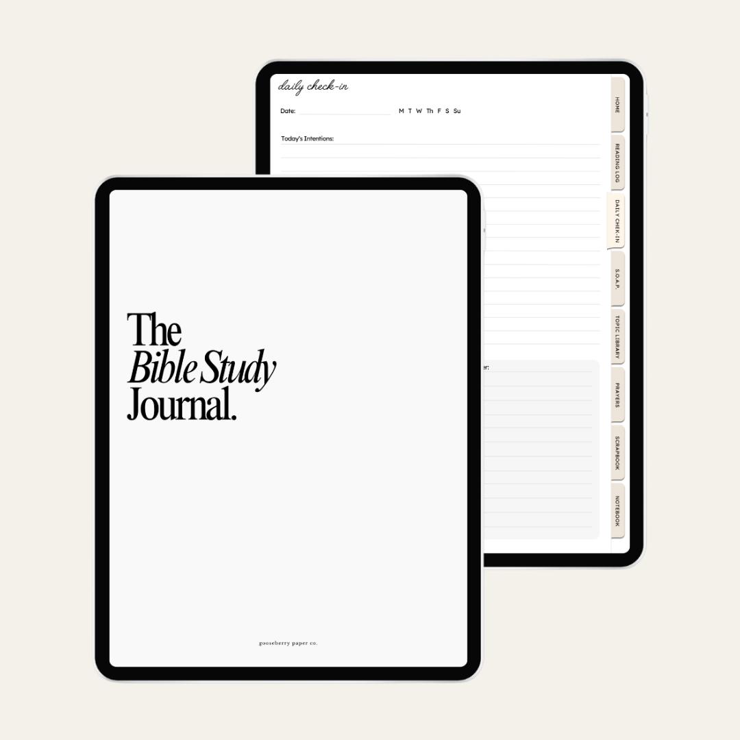 Bible Study Journal on iPad with cover and an open page.