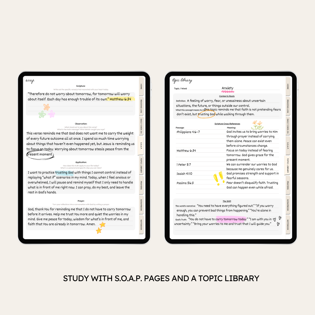 Two iPads displaying S.O.A.P. study page and Topic Library page.