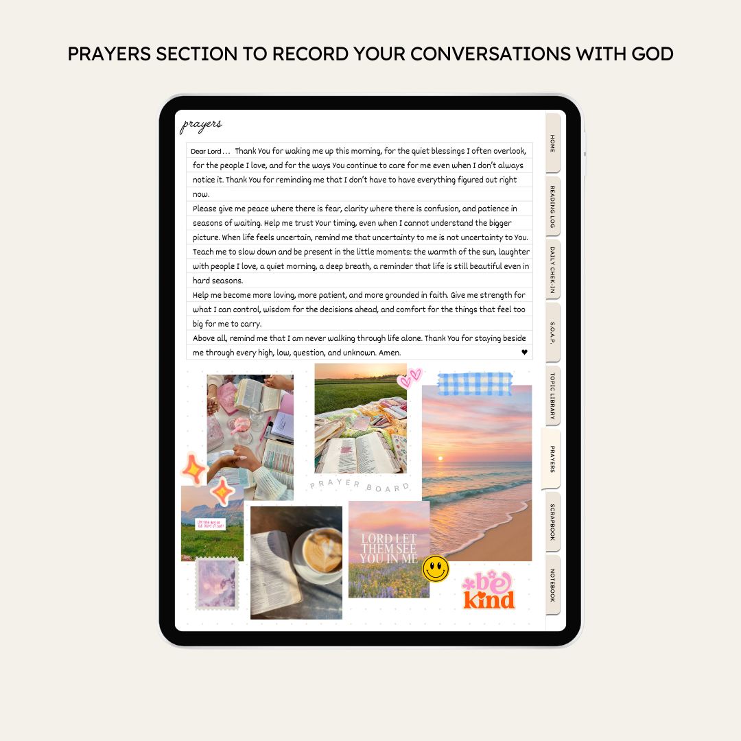 Prayer page with written prayer and digital scrapbook collage.