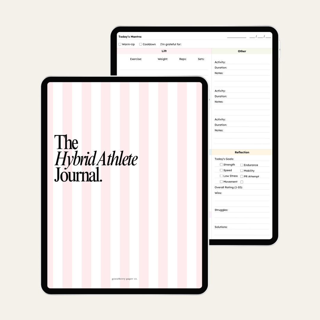 'The Hybrid Athlete Journal' displayed on a tablet featuring a pink and white striped cover page.
