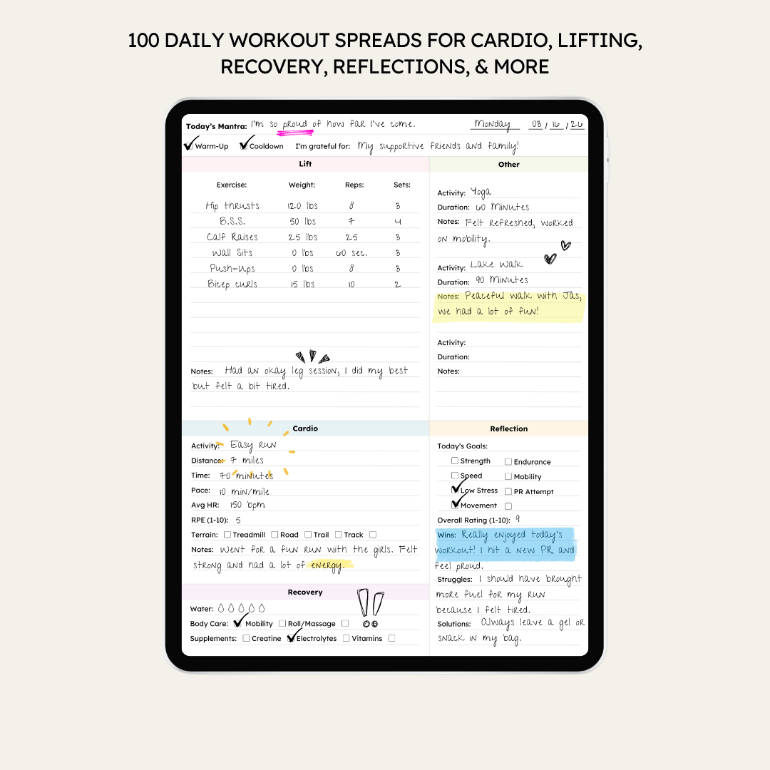 Digital fitness planner on a tablet screen with workout sections (including cardio, lifting, recovery, and more) and reflection entries. 