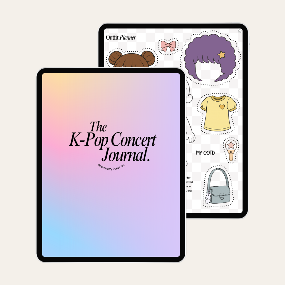Mockup of K-Pop concert journal on a tablet with gradient cover and outfit planner page no a light beige background.