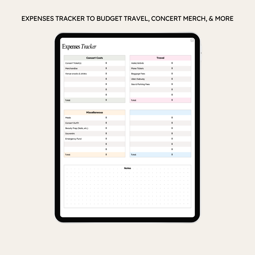 Expenses tracker page on a tablet screen with a beige background.