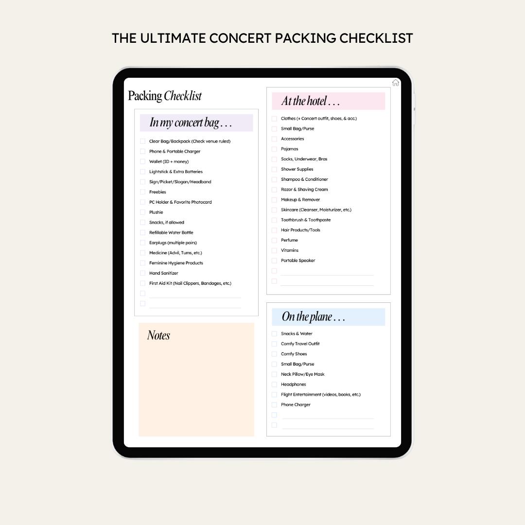 Digital tablet displaying a concert packing checklist on a beige background. Features sections for concert bag, hotel, and plane travel.