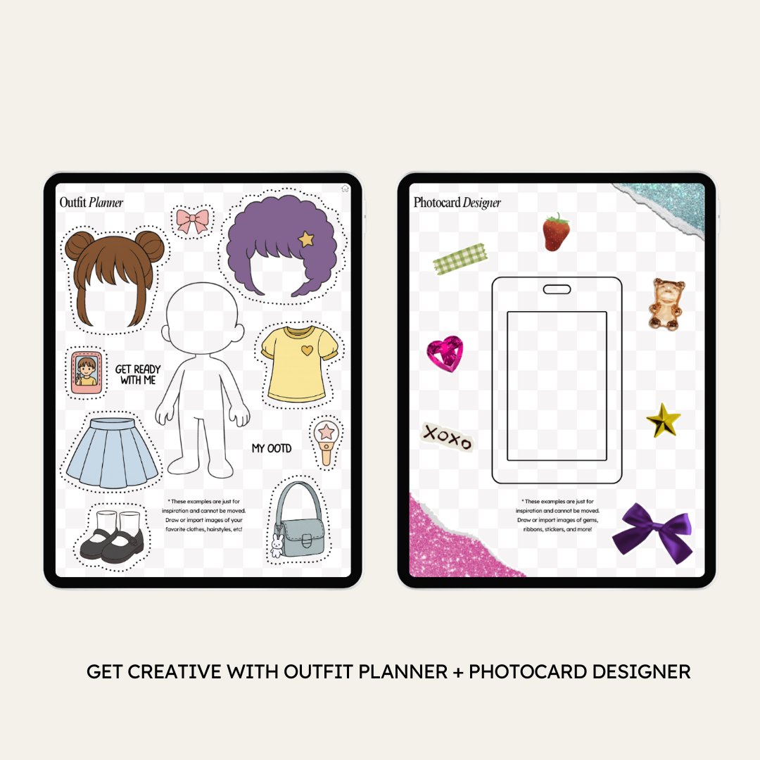 Tablet showing outfit planner page (a blank model with different clothes you can pick from) and photocard designer page (a blank photocard to put a photo and frame).