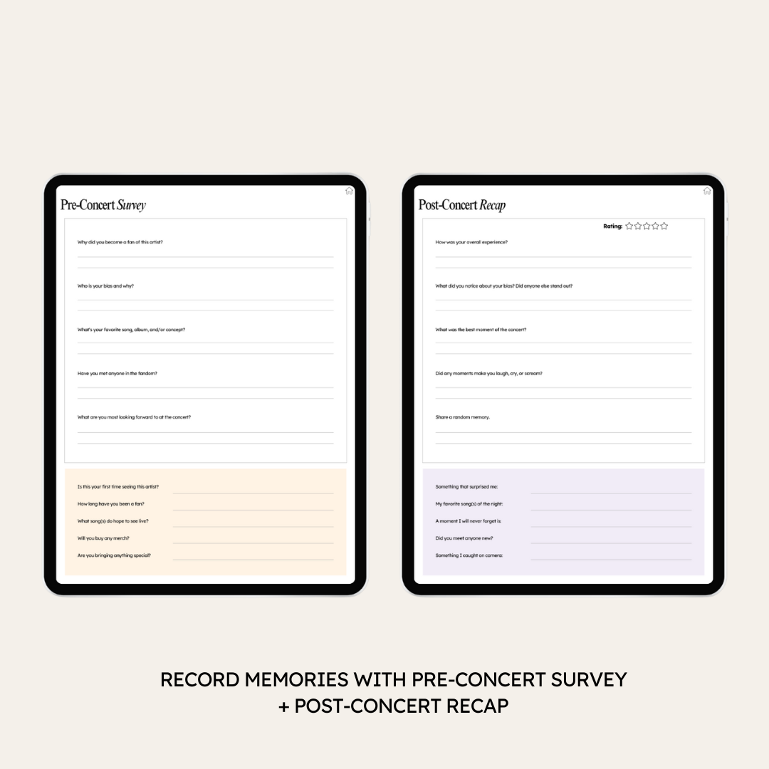 Two tablet screens displaying a pre-concert survey and post-concert recap on a beige background.