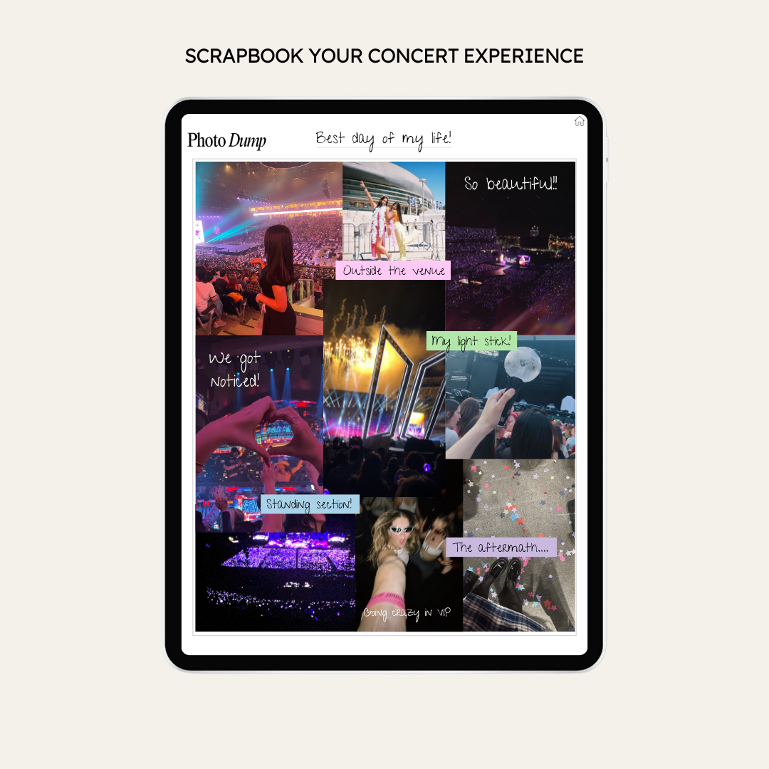 Tablet displaying a collage of concert photos with text overlays on a light beige background.