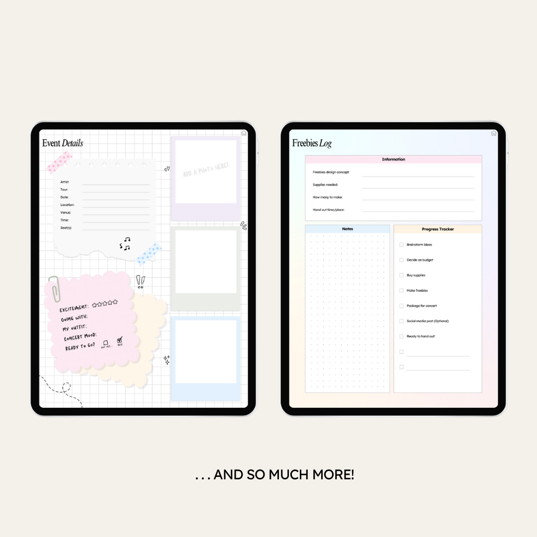 Two digital screens displaying planner pages (Event Details and Freebies Log) with text and checkboxes with light pastel colors.