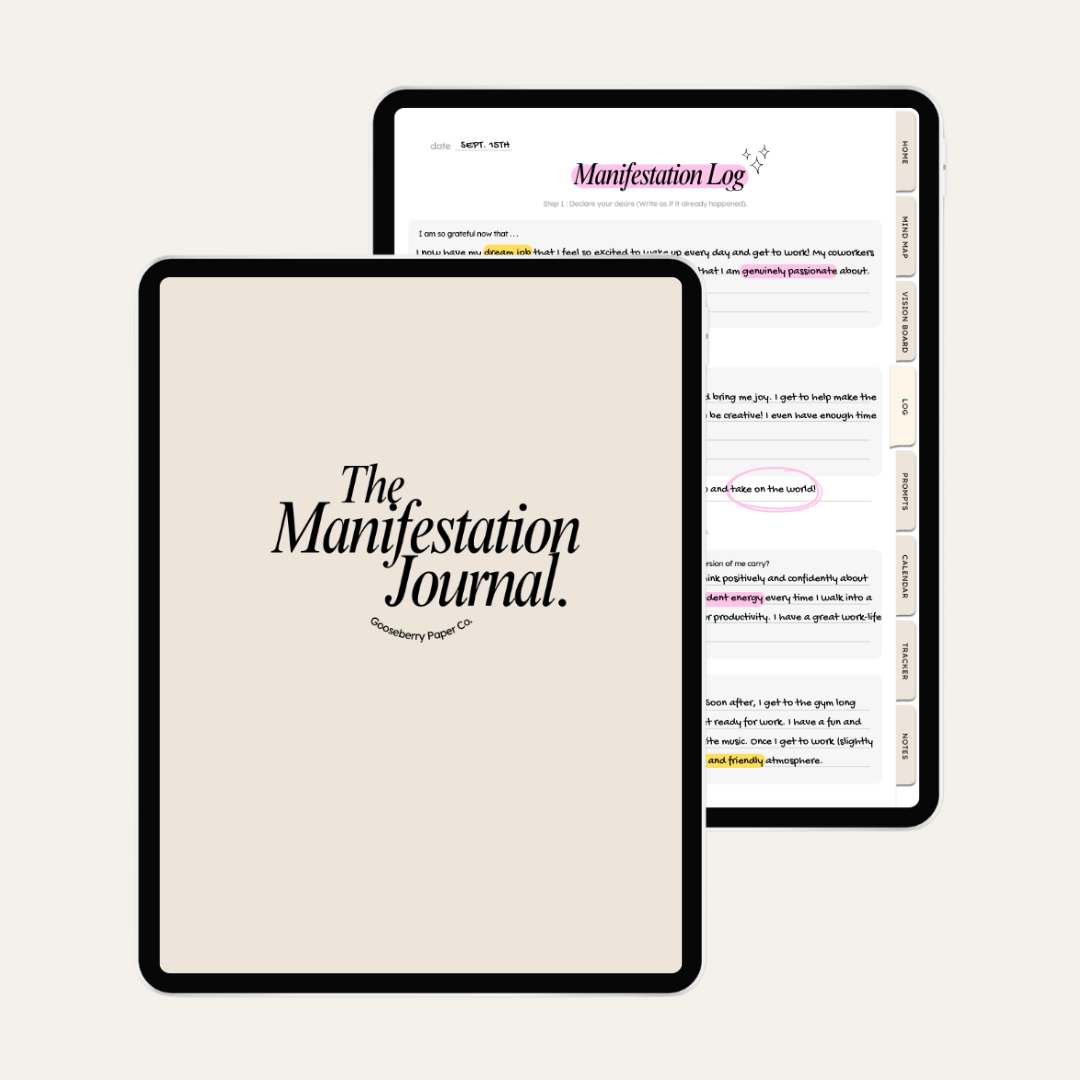 Two tablets displaying 'The Manifestation Journal' on a light beige background. The cover is beige.