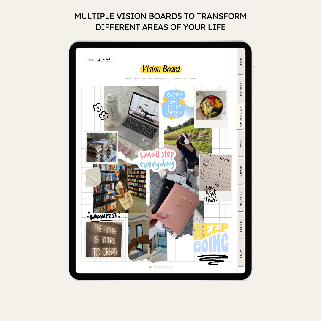 Digital vision board on a tablet screen with motivational phrases and images.