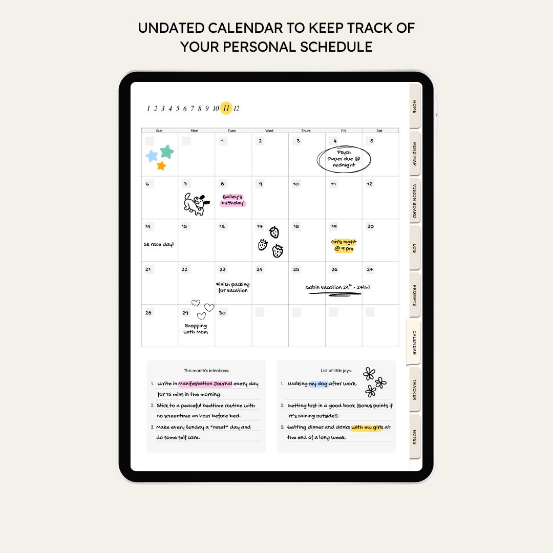 Undated calendar page on a tablet screen with notes and events.