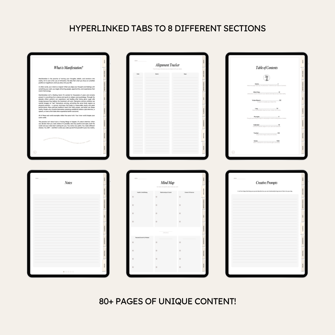 Set of 8 different pages with hyperlinked tabs on a beige background.